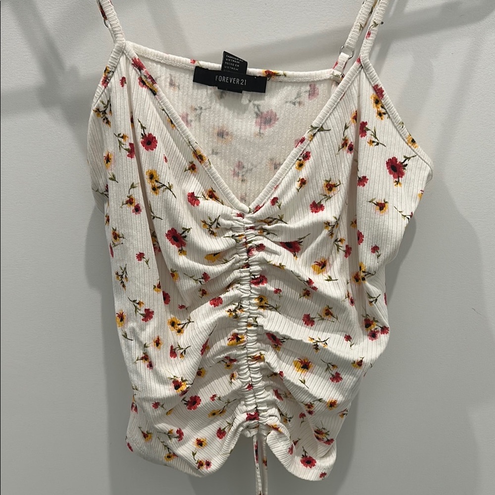 Forever 21 Floral Ruched White Top